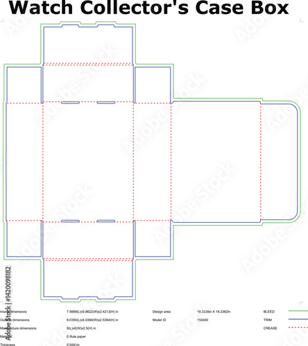 Watch collector case box diecut layout template with dimensions for manufacturing packaging