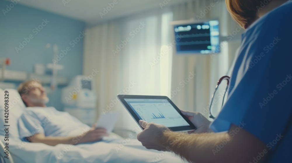Fototapeta premium Eye-level shot of a nurse with digital tablet, collaborating with doctor during patient meeting