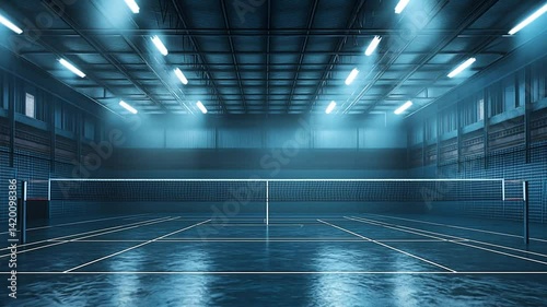 Intense blue lighting illuminates an indoor badminton court ready for play