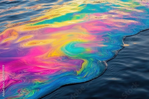 Vibrant, toxic oil slick spreads across the water's surface. photo