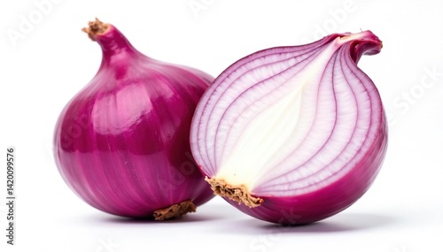 Half red onion, sliced, showing rings, stark white backdrop, texture, vegetable, produce
