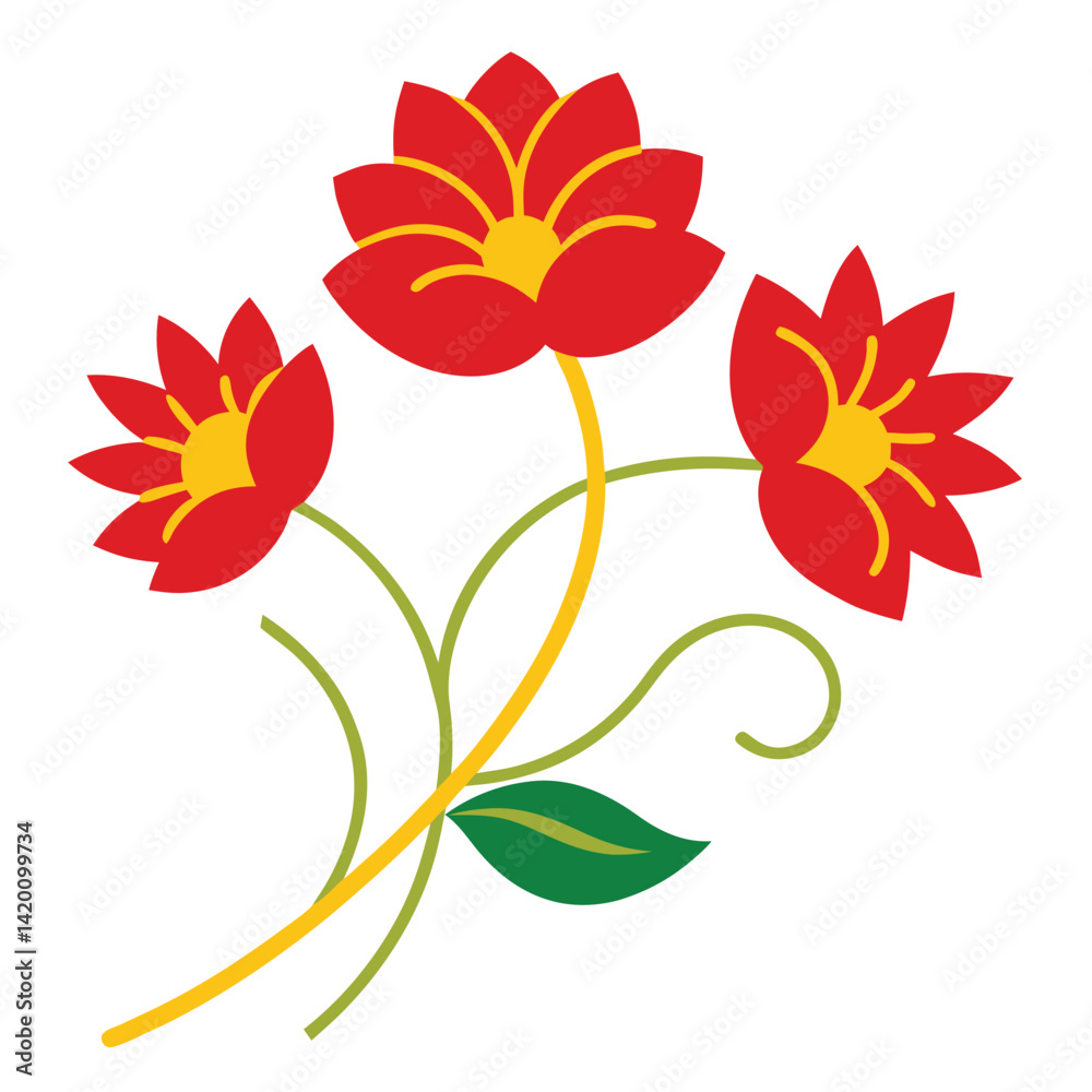 Vibrant red floral design with decorative details.