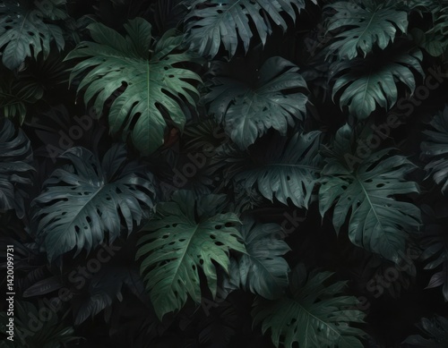 Dark, lush exotic leaves in black & deep greens  Intricate, shadowy design ,  nature,  wallpaper