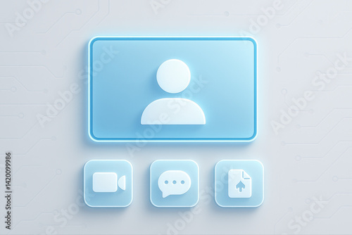 Interface visuelle épurée représentant des icônes de visioconférence – partage d’écran, chat, appel vidéo et envoi de documents dans un univers numérique et collaboratif