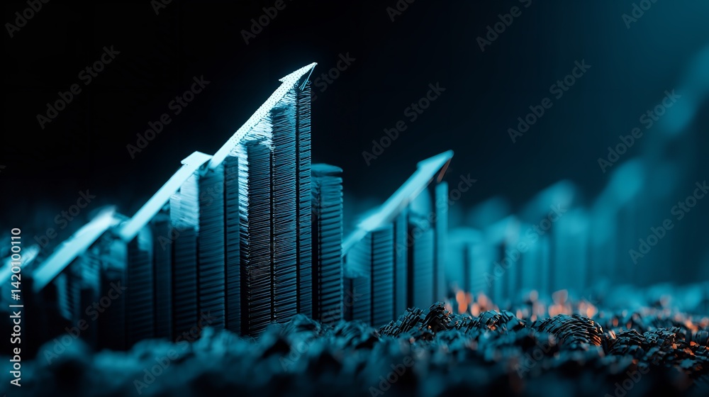 Naklejka premium An rising tendency is shown in the abstract image. Data visualization shows developments. Growth of the business is shown. contemporary style. a blue backdrop. Generative Ai