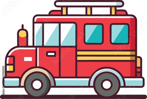 Classic red fire truck with ladder in bold cartoon art style, Vehicle Cartoon Vector Icon: Illustration of Technology and Transportation. Flat vector illustration.