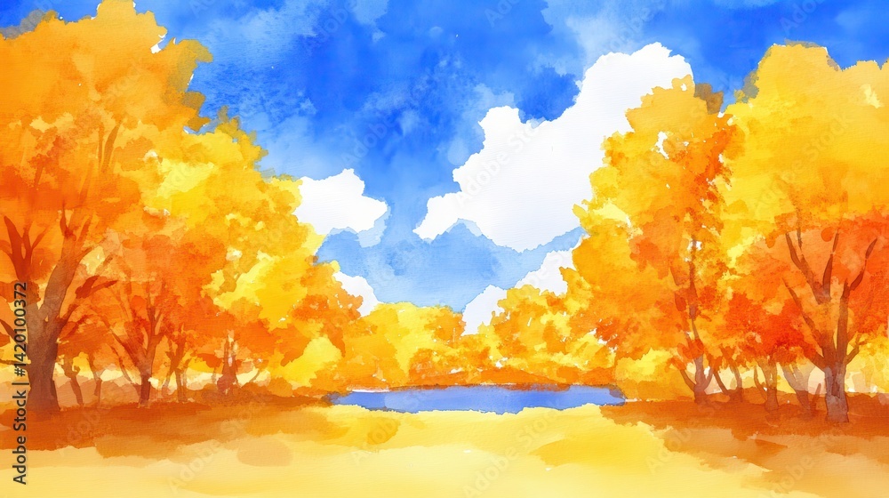 Fototapeta premium Watercolor autumn landscape golden trees frame a small pond under blue sky with fluffy clouds