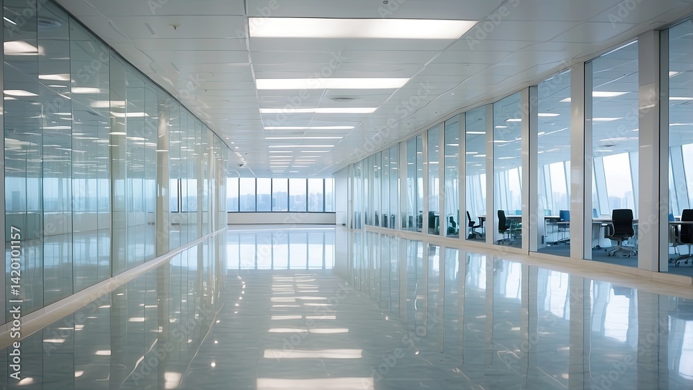 Fototapeta premium A modern glass corridor with a reflective floor, illuminated by warm lights and a sunset glow in the background