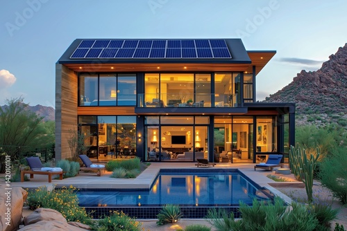 Modern eco-friendly house with solar panels and pool in desert landscape during twilight