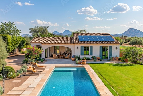 Beautiful desert villa with pool and mountain views under a clear sky