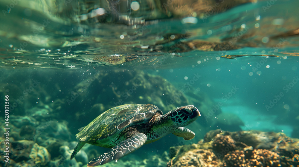 Fototapeta premium A sea turtle swimming underwater near rocks with sunlight filtering through the surface of the ocean .