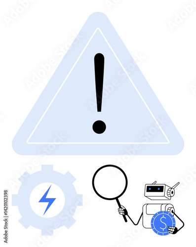 Exclamation mark warning symbol, robot inspecting currency with magnifying glass, gear with lightning bolt. Ideal for finance, technology, automation, caution, risk management, energy analysis