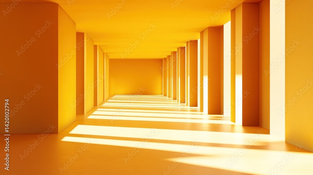 Fototapeta premium A long yellow hallway with columns and shadows beautifully lit