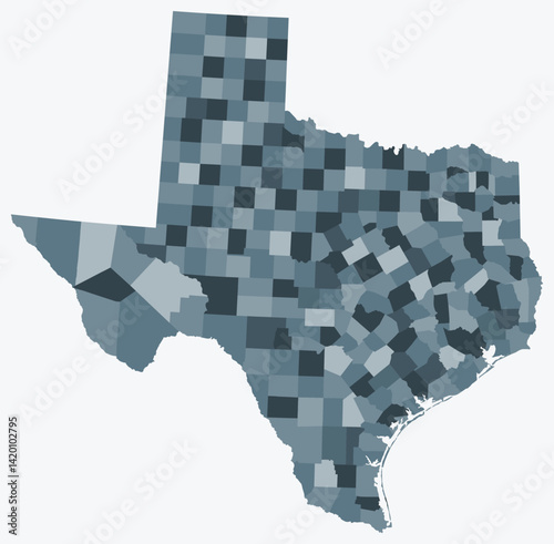 Map of Texas with counties. Just a simple state border map with county division. Blue grey color palette. Blank State of Texas shape with administrative division. Vector illustration.