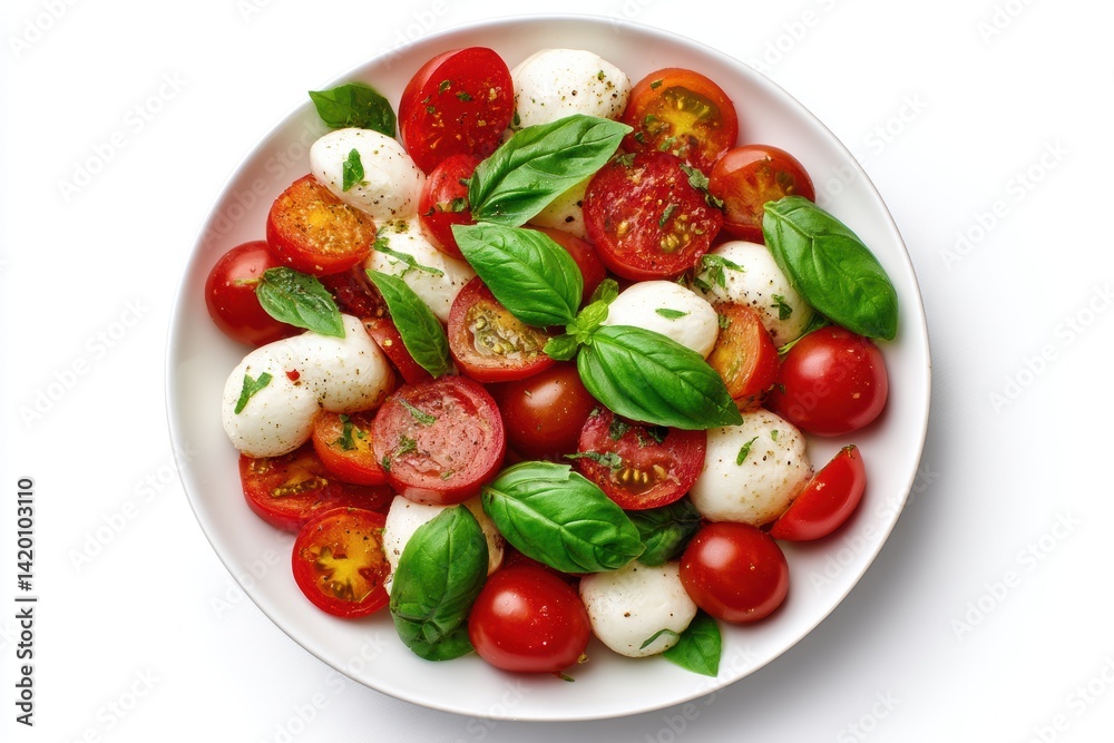 Fresh caprese salad with cherry tomatoes and mozzarella served on a white plate against a clean background Fresh caprese salad with cherry tomatoes and mozzarella served on a white plate against a clean background