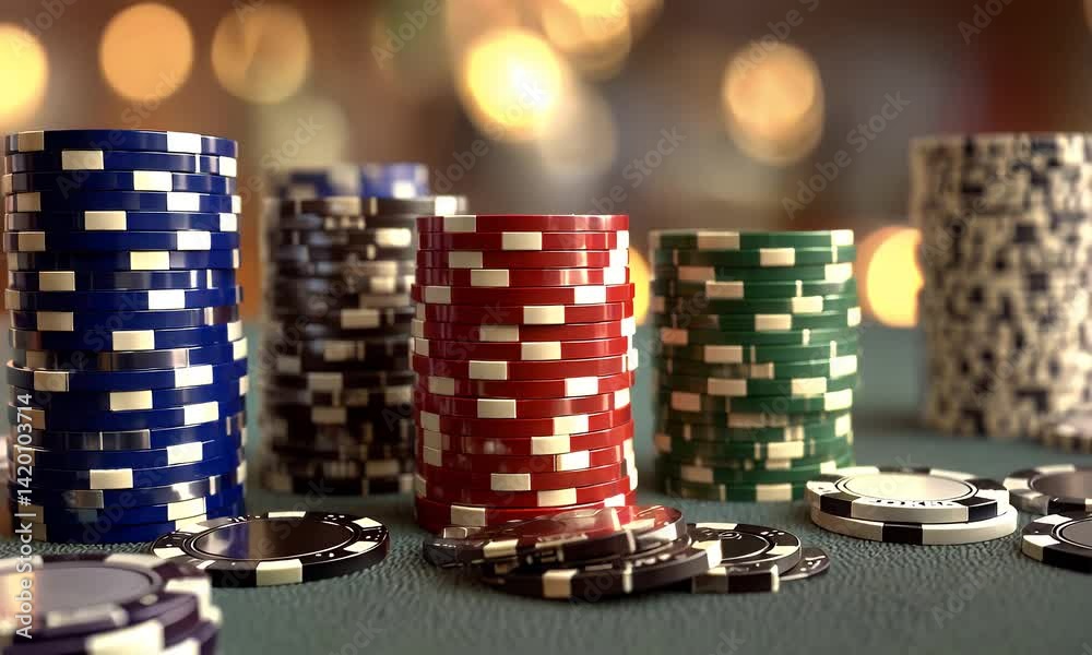 Colorful stacks of game chips sit on a green surface, creating an ambiance of chance, and high stakes under bokeh lighting