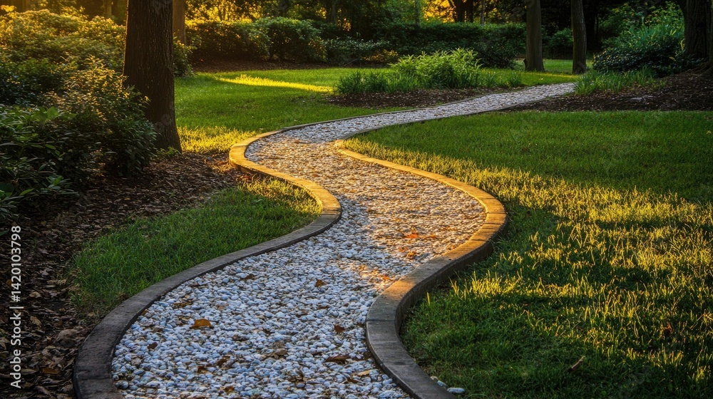 Obraz premium Curving stone path through sunlit garden.