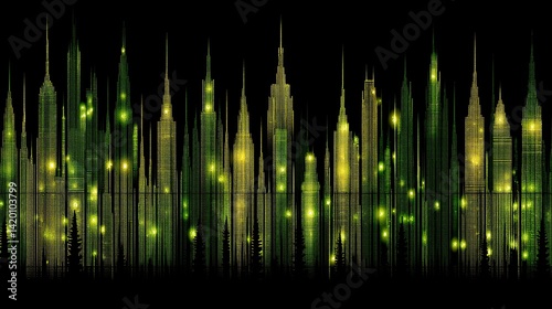 Emerald Cityscape Futuristic Green and Yellow Tones in an Urban Landscape with Tall Buildings.