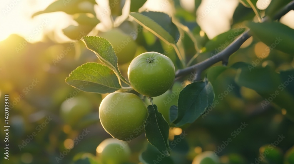 Green apples hang from a branch with bright sunlight in the background Green apples hang from a branch with bright sunlight in the background