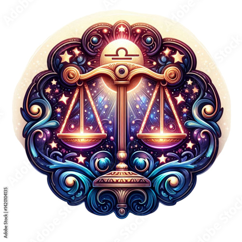 Colorful scales of justice with cosmic background in decorative style  