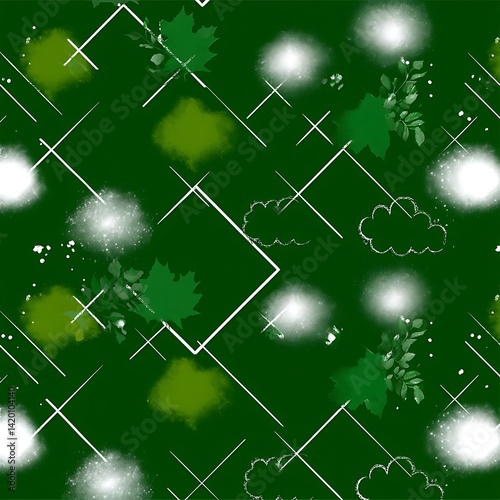 Emerald Green Abstract Seamless Pattern with Cloud Shapes and Linear White Outline Decorations.
