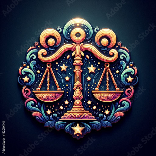 Colorful scales of justice with cosmic background in decorative style  