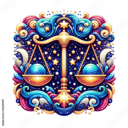 Colorful scales of justice with cosmic background in decorative style  