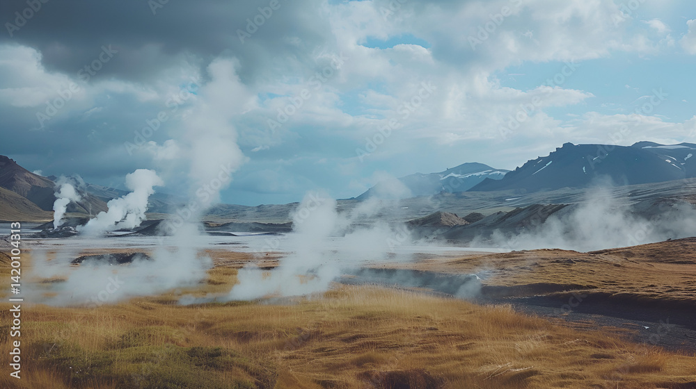 Aerial view of geothermal area with rising steam and distant mountains under a cloudy sky landscape . Aerial view of geothermal area with rising steam and distant mountains under a cloudy sky landscape .