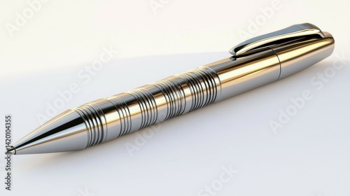 A shiny metallic pen is positioned on a white surface background photo