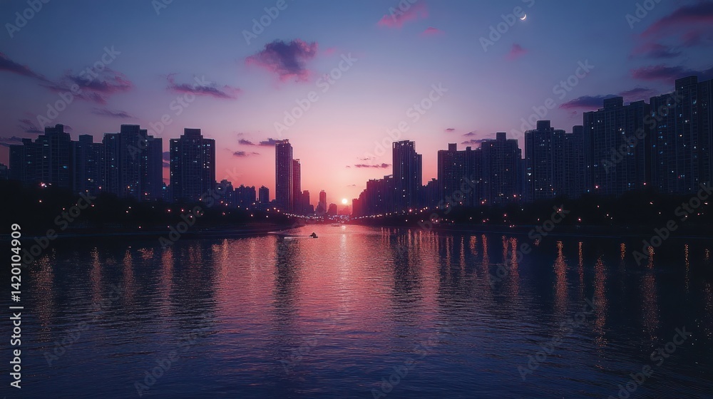Fototapeta premium Cityscape sunset river boat reflection skyline dusk urban lights