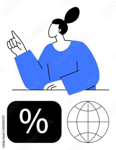 Female figure gestures upward next to percentage and globe graphics. Ideal for finance, growth, education, global trade, business, decision-making, online learning. Minimal flat simple metaphor