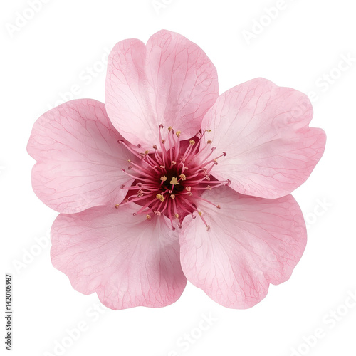Close-up of a delicate pink cherry blossom flower with soft petals and intricate stamens on transparent background for nature, spring, and floral photography.