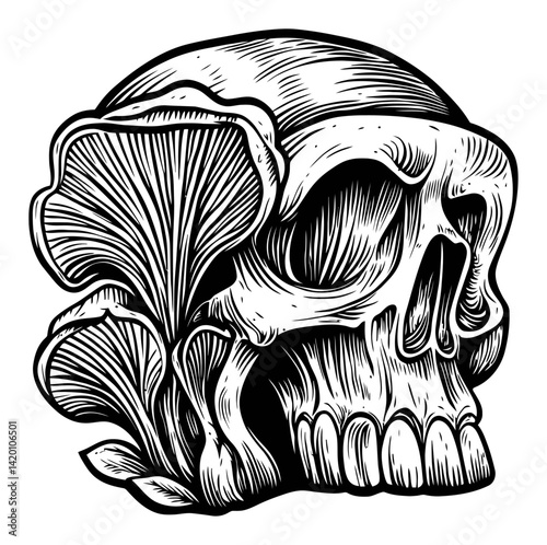 Artistic Engraving of Skull with Mushrooms in Woodcut Style