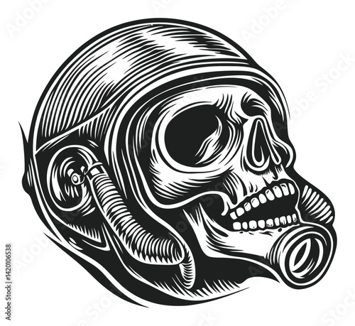 Intricate Skull Design with Helmet in Woodcut Style Engraving