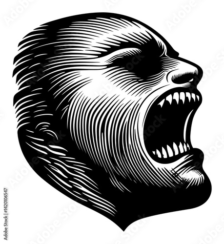 Intense Expression of Anguish in Monochrome Woodcut Style