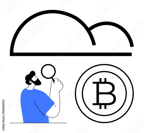Man holding magnifying glass examines Bitcoin next to cloud. Ideal for blockchain, cryptocurrency, fintech, data analysis, decentralization, cloud computing, and financial technology. Flat simple