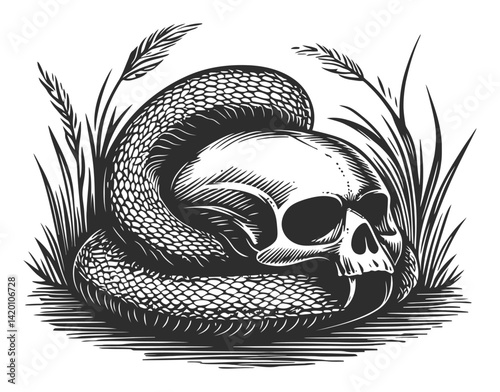Detailed Engraving of Skull and Snake in Black and White Artwork