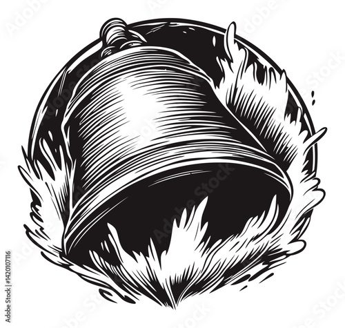 Detailed Engraving of a Bell Surrounded by Flames in Woodcut Style