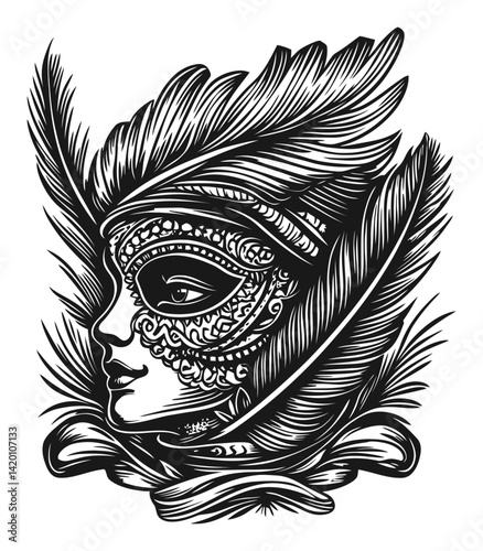 Intricate Mask with Feathers in Woodcut Style Black and White Art