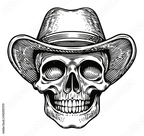 Detailed Skull Illustration with Cowboy Hat in Engraving Style