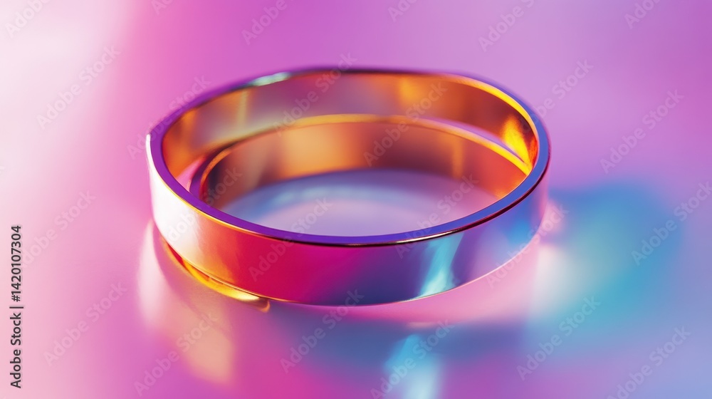 A reflective golden band is displayed on a colorful surface A reflective golden band is displayed on a colorful surface