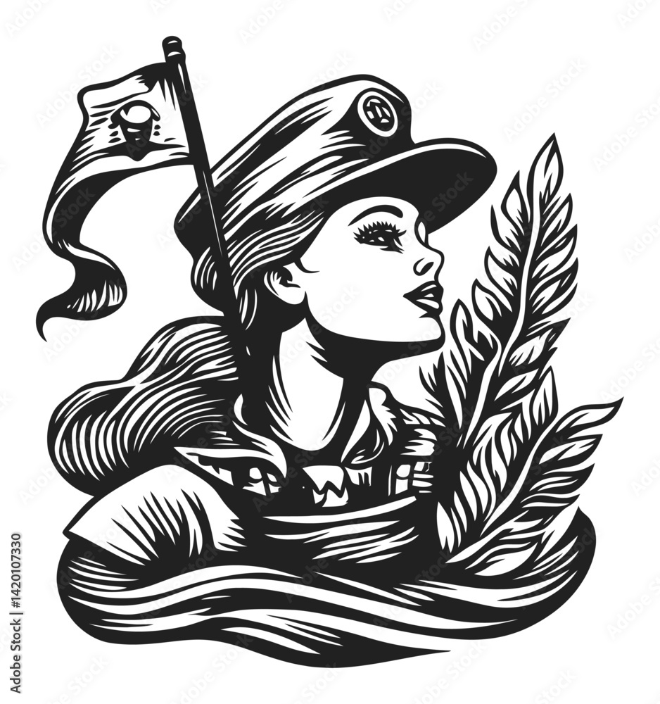 Obraz premium Elegant Vintage Illustration of a Woman in Military Style Portrait