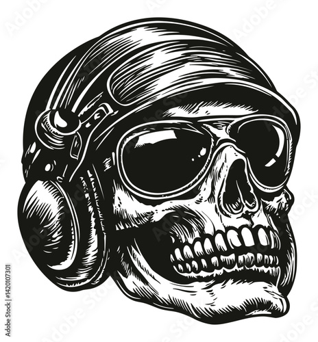 Skull with Headphones and Sunglasses Sketched in Vintage Style