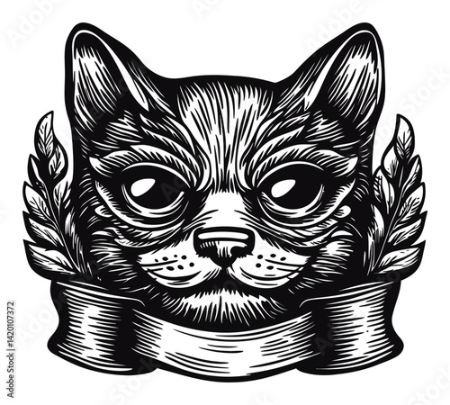Detailed Cat Illustration in Woodcut and Engraving Style Art