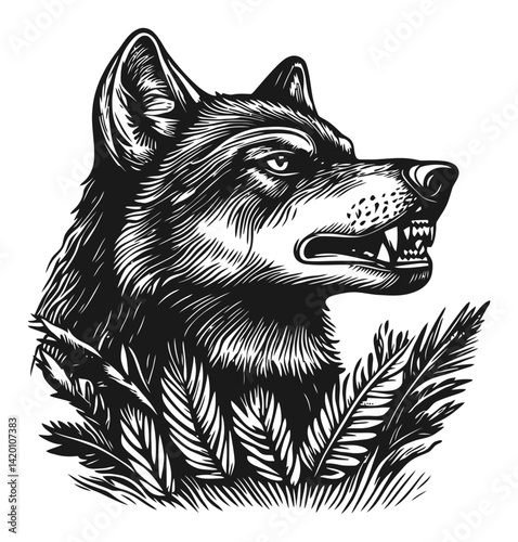 Detailed Woodcut Style Wolf Illustration with Leaf Motif