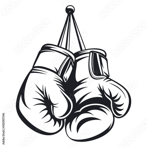 Hanging Boxing Gloves Sport Equipment in Monochrome with Transparent Background