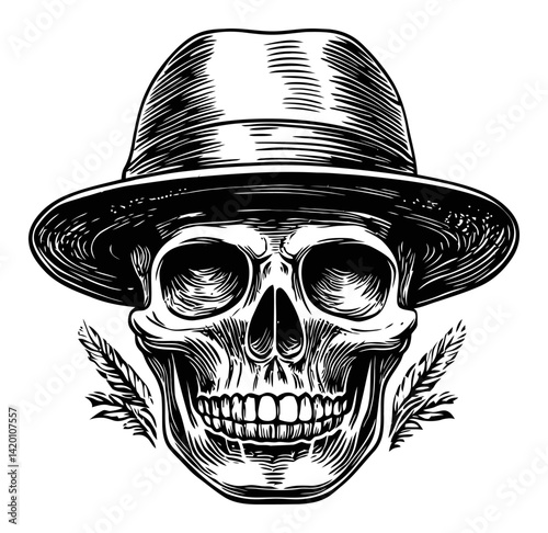 Detailed Engraving of Skull Wearing a Stylish Hat in Woodcut Style