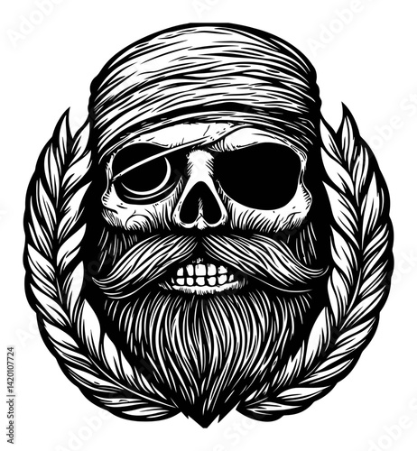 Detailed Woodcut Style Skull with Mustache and Headband Design