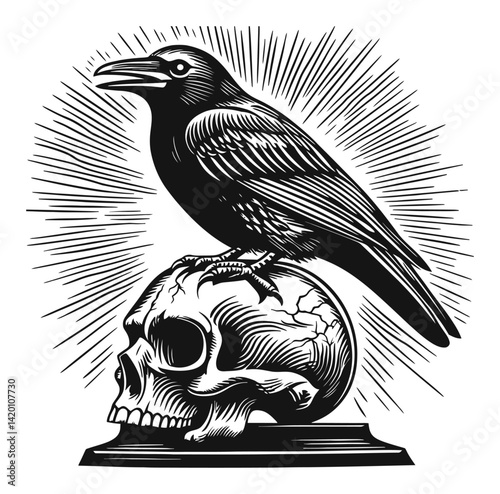 Raven on Skull with Radiant Background in Engraving Style