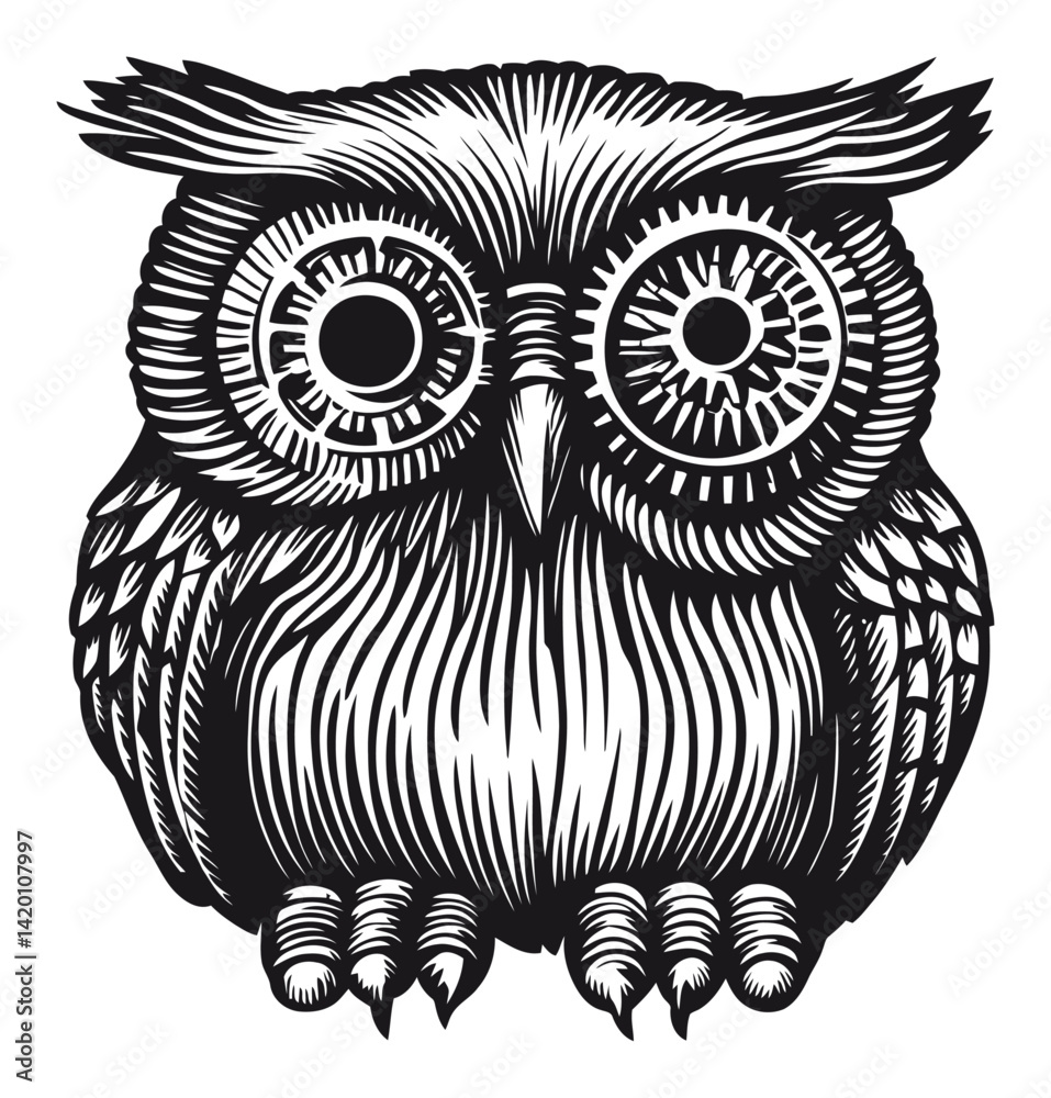 Detailed Woodcut Style Owl Illustration with Intricate Features Detailed Woodcut Style Owl Illustration with Intricate Features